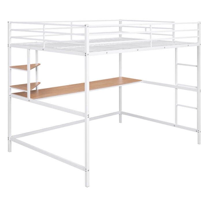 Full Metal Loft Bed with Desk and Shelve, White