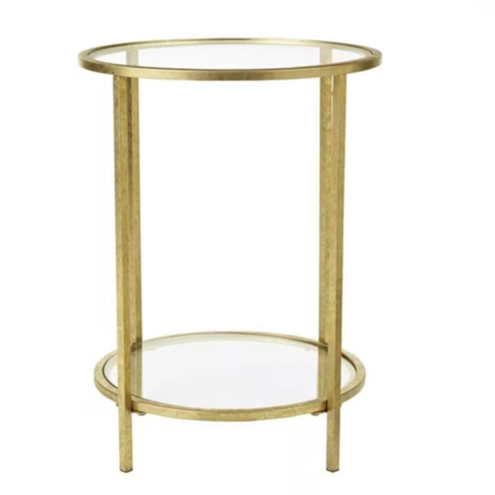 Round Accent Side Table Metal Glass Top Bottom Shelf End Table