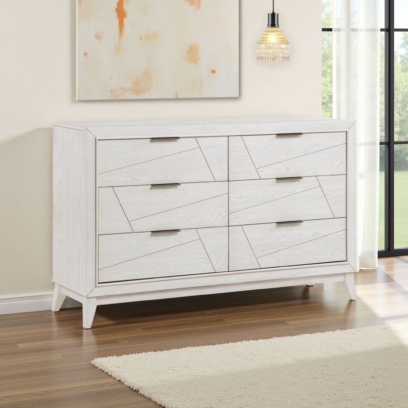 Zine 62 Inch Dresser, 6 Drawers, Antique White Wood, Black Handles - Benzara