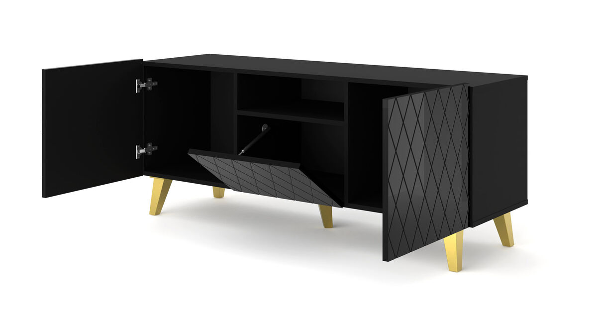TV Stand DIUNA 3D 57'' Lowboard Milled MDF Fronts, Black High Gloss