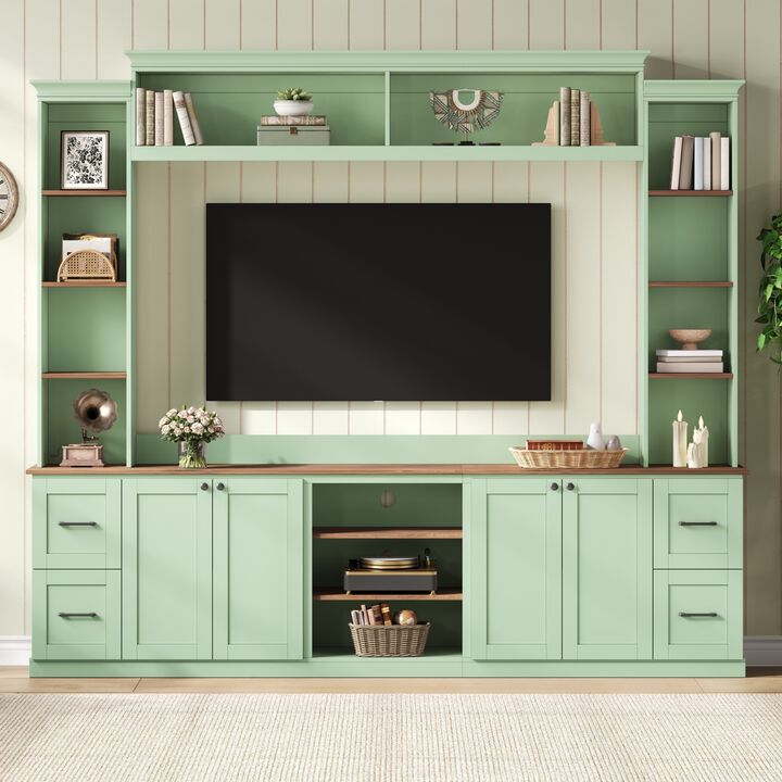 Merax Curved TV Stand with 4 Drawers, 2 Cabinets & 8 Adjustable Shelves &ndash; Walnut Finish