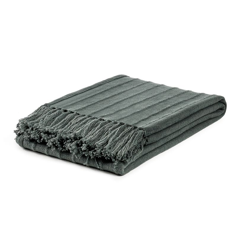 Linia Accent Throw Blanket, Overdyed Forest Green Woven Stripe Design - Benzara