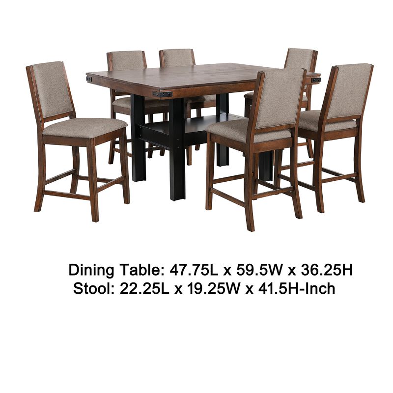 Patter 7 Piece Counter Height Dining Set, 6 Padded Chairs, Mango Oak - Benzara