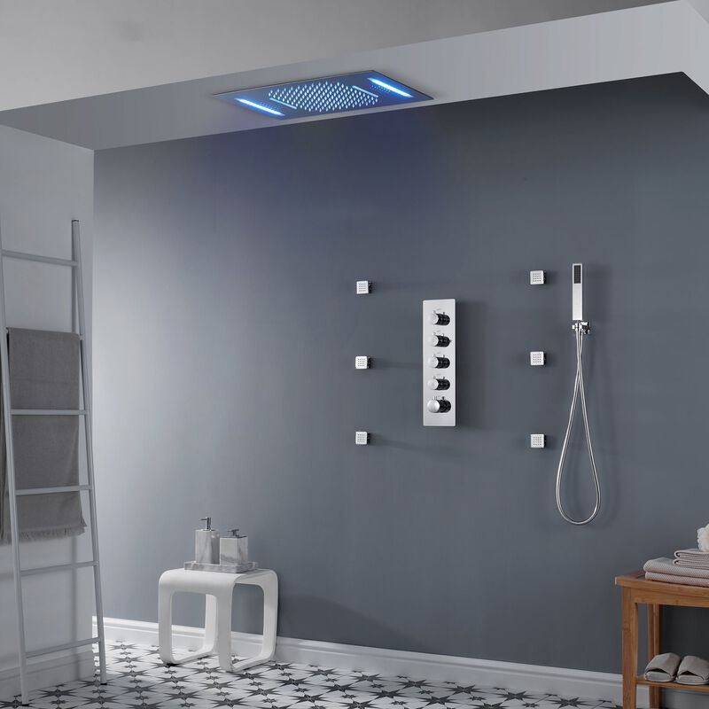 Mondawe 64 Colors LED Light and Music 3 Functions 4 Sprays Flush Ceiling Mounted Thermostatic Shower System with 6 Body Jets and Rough-in Valve in Titanium Gold
