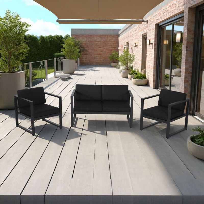 Novi 3pc Outdoor Set, 1 Loveseat, 2 Accent Chairs, Dark Gray Fabric, Metal