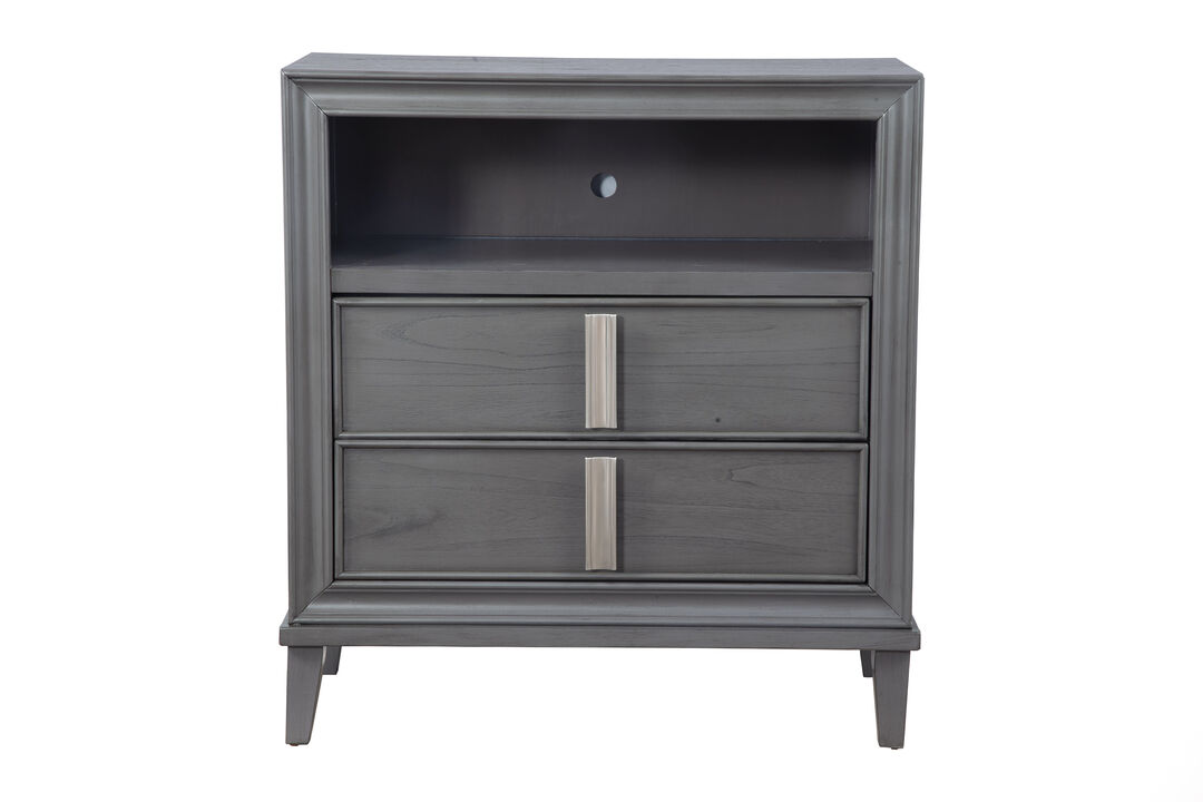 Transitional Style Wooden Media Chest With Two Drawers and One Open Shelf, Gray-Benzara