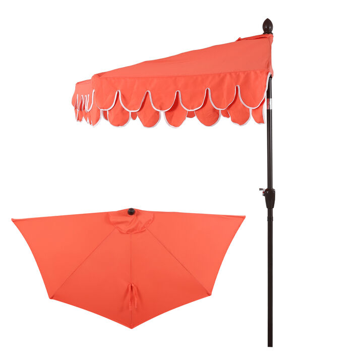 Terrace Arc 9 ft. Classic Dark Brown Pole MidCentury Scalloped Fringe Market Patio Half Umbrella with Crank, Tilt Button and UV Protection
