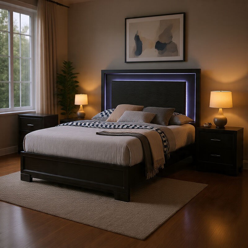 Queen Bedroom Set, Dark Gray, Metallic Gray Wood, 3 Piece Set with 2 Nightstands image number 1