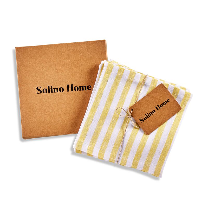 Solino Home Amalfi Stripe 100% Linen Cocktail Napkins &ndash; Set of 12, 6 x 6 in, Machine Washable, Holiday and Everyday Dining