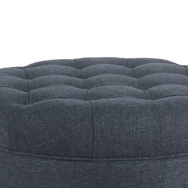 Fabric Upholstered Wooden Ottoman with Tufted Lift Off Lid Storage, Navy Blue - Benzara