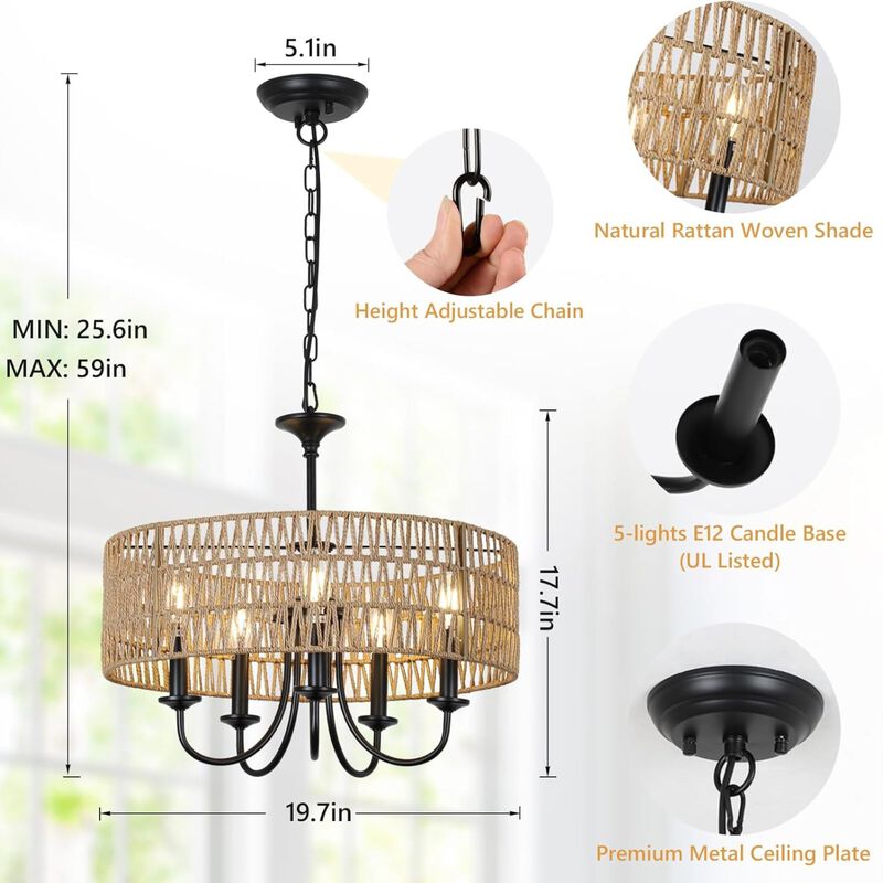 ELEMENT ACE 5-Light Hand Woven Natural Rattan Pendant Chandelier, Height Adjustable Hanging Light Fixture for Dining Room, Living Room, Kitchen Island, Bedroom, Foyer image number 2