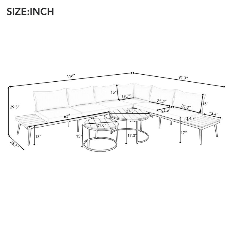Clihome 6-Piece Outdoor Sectional Sofa Set with Round Nesting Coffee Tables and Seating Sofa with Cushions for Patio image number 5