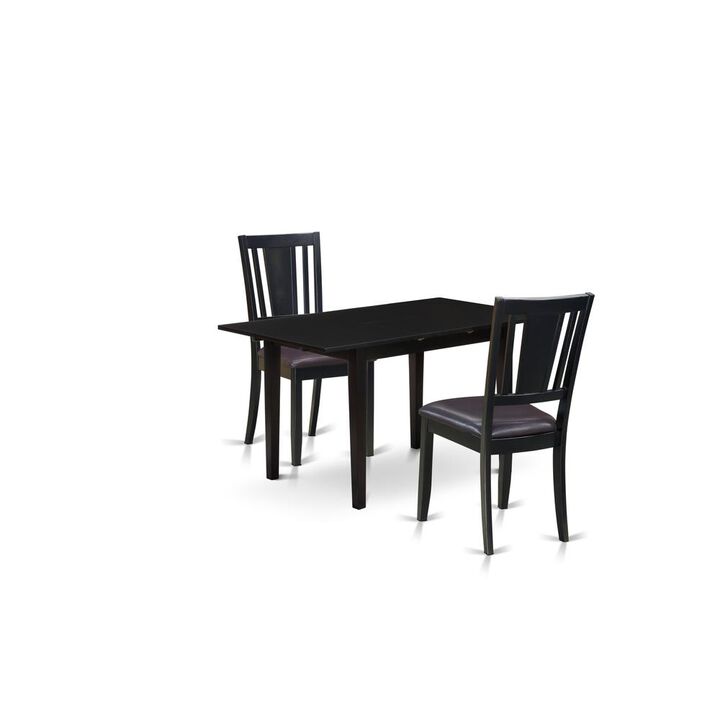 East West Furniture NODU3-BLK-LC 3-Pc Rectangular Dining Table Set 2 Wooden Dining Chairs with Panel Back and A Faux Leather Seat and Small Butterfly Leaf Rectangular Dining Table with Rectangular Top