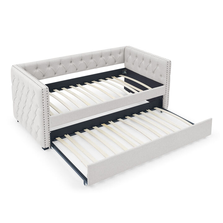 TATEUS Functional Upholstered Daybed - Twin Size with Pull-out Trundle Bed