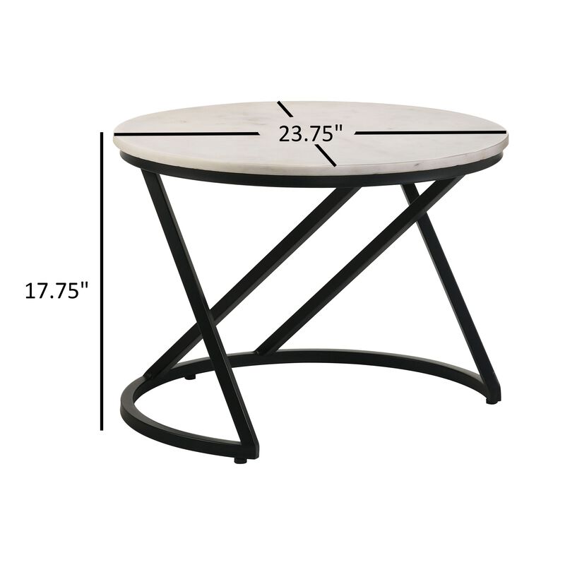 24 Inch Accent Coffee Table, White Marble Top, C Base, Black Metal Finish