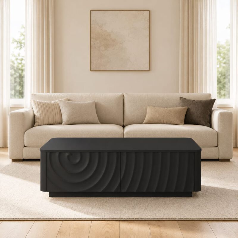GOODSILO 47 Inch Rectangle Coffee Table with 2 Storage Drawers, Modern Classic Living Room Centerpiece Featuring Wave Texture and Floating Base Design image number 3