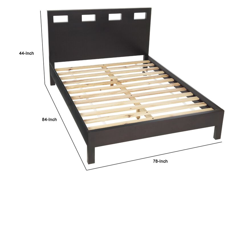 Yee King Size Platform Bed, Cut Out Panel Headboard, Espresso Brown Wood - Benzara