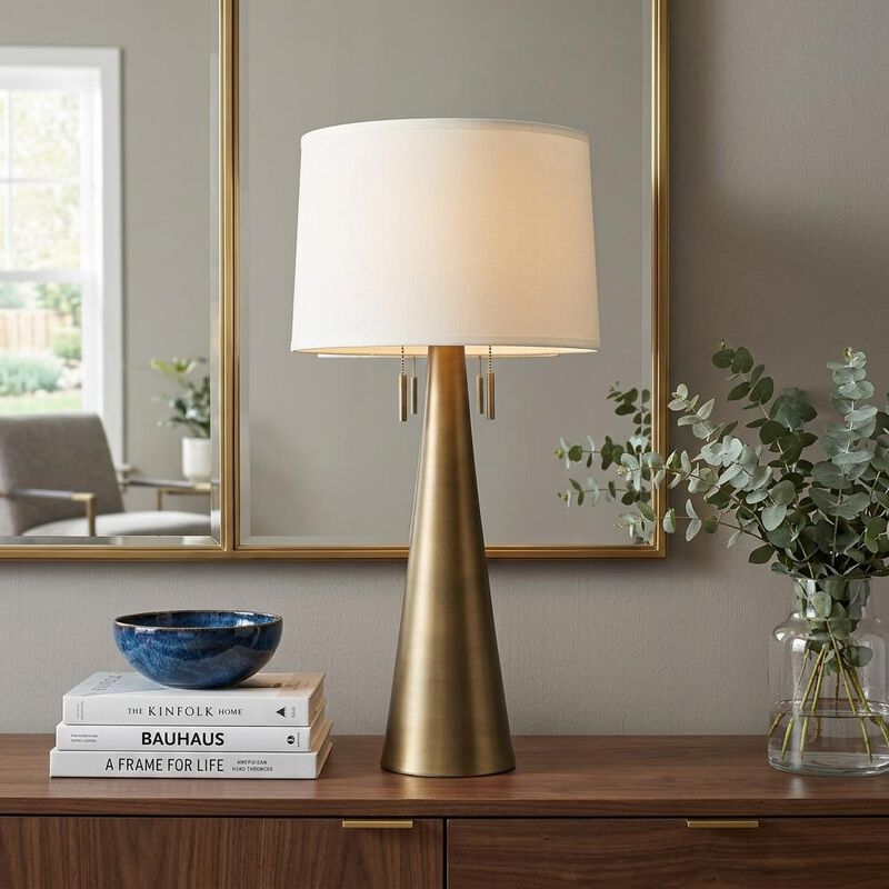 HomeRoots 34" Brass Metal Two Light Table Lamp With White Empire Shade image number 1