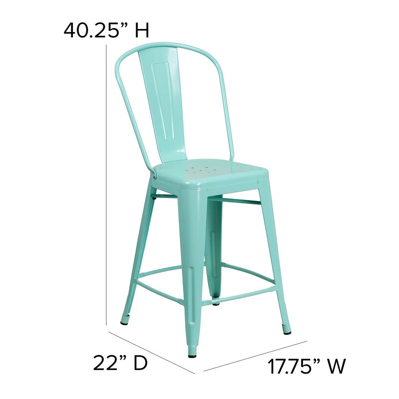 Flash Furniture Carly Commercial Grade 24" High Mint Green Metal Indoor-Outdoor Counter Height Stool with Back