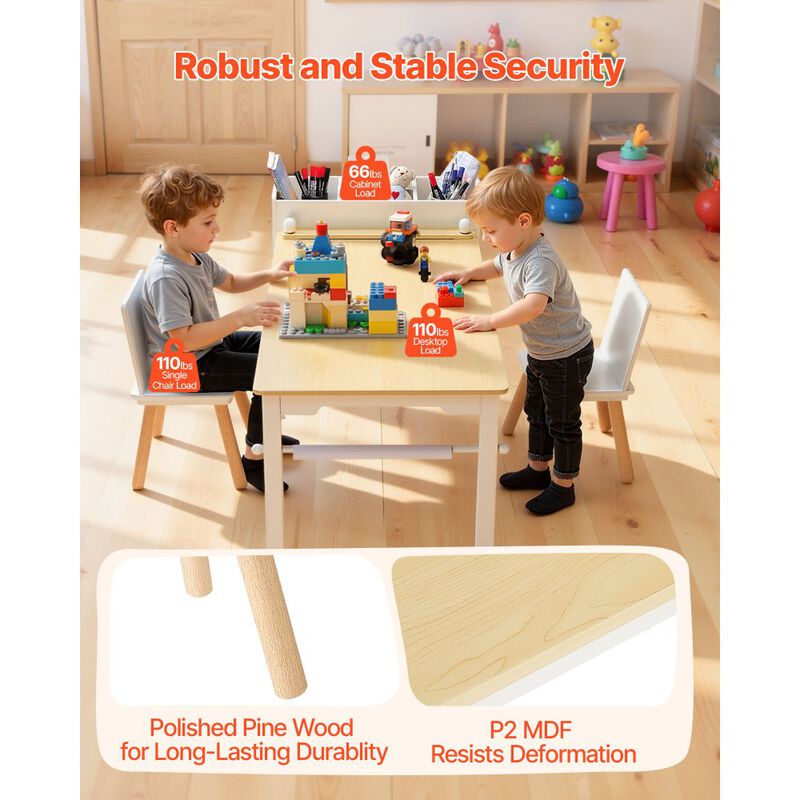 Kids Play Table with 2 Chairs and 3-Tier Storage for Art and Study Activities-White image number 5