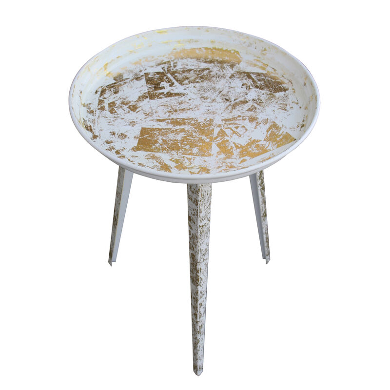 20 Inch Artisanal Industrial Round Tray Top Iron Side End Table, Tripod Base, Distressed White, Gold
