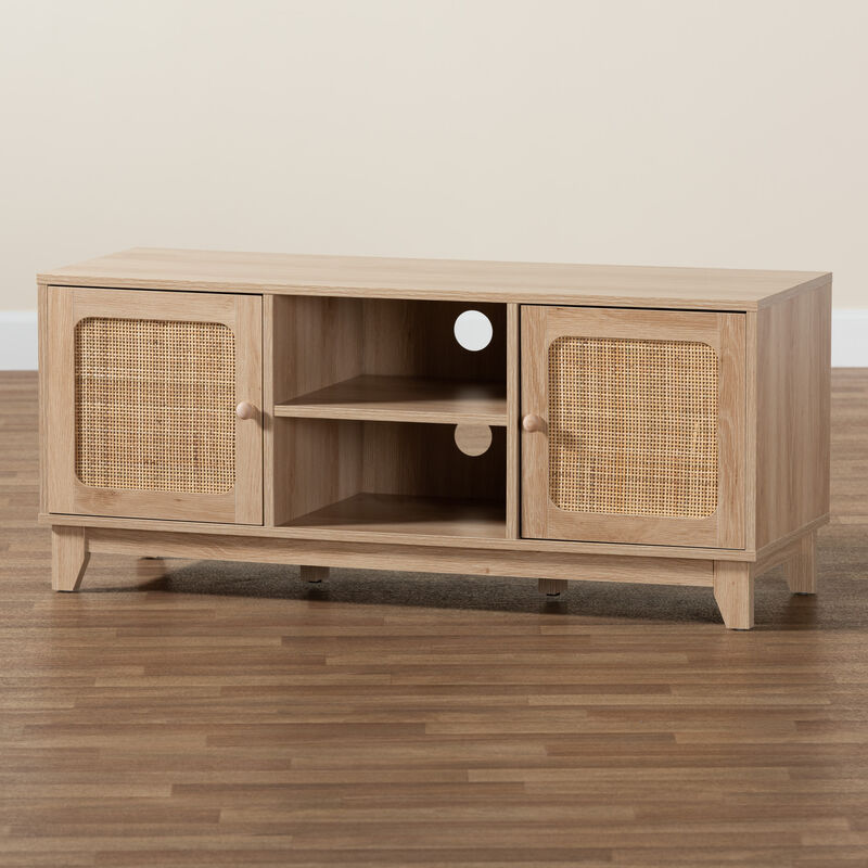 Baxton Studio Elsbeth  Light Brown Finished Wood and Natural Rattan 2 Door TV Stand image number 8