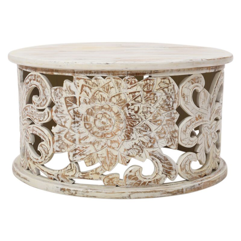 Alina Coffee Table Handcrafted Mango Wood Floral Carved Cut Out Design Distressed White Finish 33 Inch