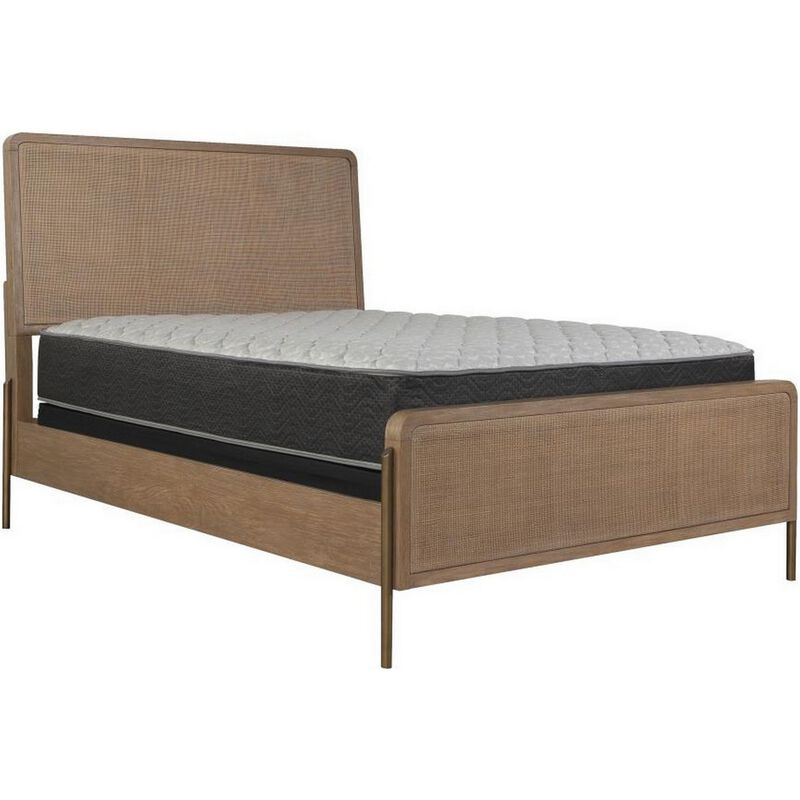 Sea Wood King Size Bed with Woven Cane Design, Open Panel, 4 Slats, Brown - Benzara