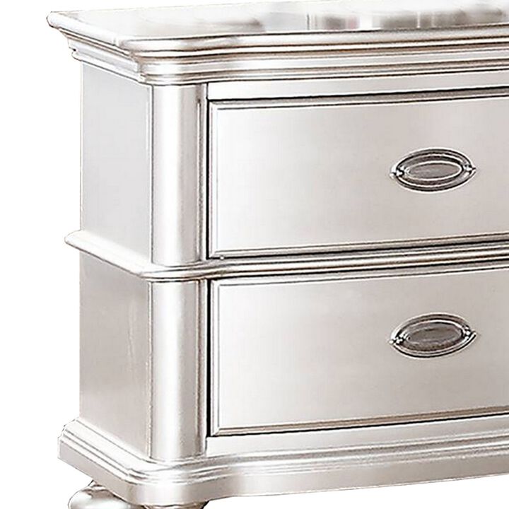 28 Inches 2 Drawer Wooden Nightstand with Turned Legs, Silver-Benzara