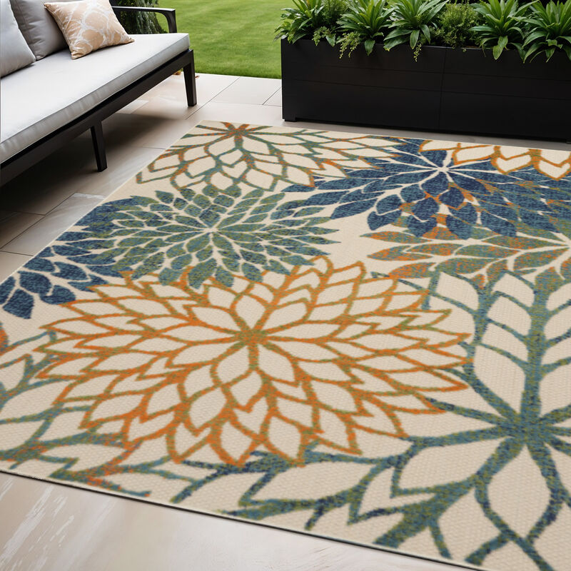 HomeRoots 5' X 8' Blue And Green Floral Indoor Outdoor Area Rug image number 1