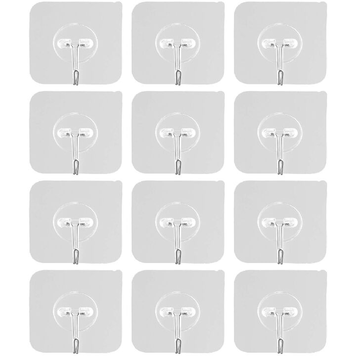 12 Pack Sticky Wall Hooks Heavy Duty for Towels Coats Keys Bathroom Kitchen-Transparent