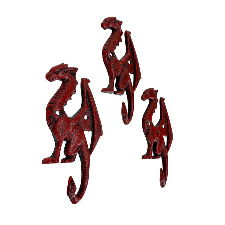 Set Of 3 Dragon Wall Hooks Red Distressed Cast Iron 65 In Decorative