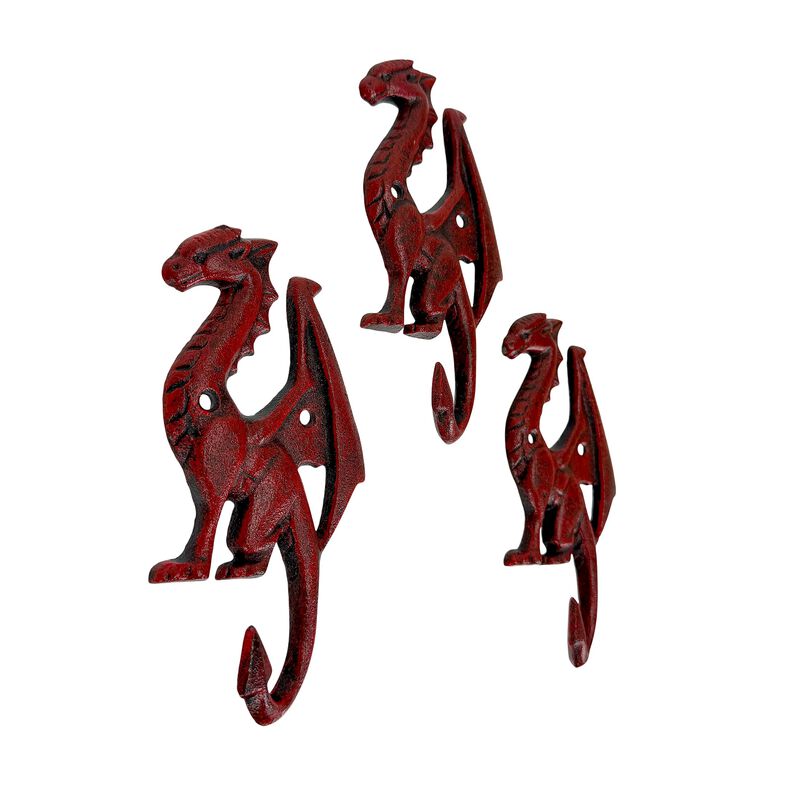Set Of 3 Dragon Wall Hooks Red Distressed Cast Iron 65 In Decorative image number 1
