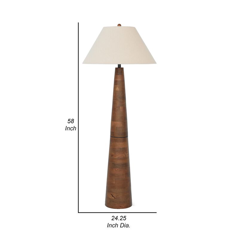 Seya 58 Inch Floor Lamp, Empire Fabric Shade, Tapered Brown Wood Base - Benzara
