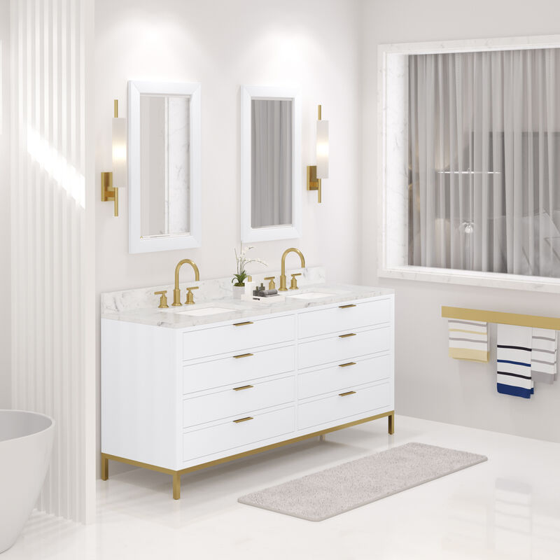Bristol 72 In. Double Sink Carrara White Marble Countertop Bath Vanity in Pure White