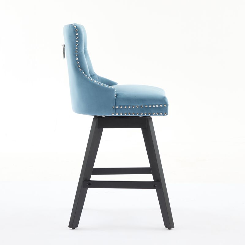 Set of 2 Swivel Velvet Barstools with Button Tufted and Wooden Legs, Leisure Style Bar Chairs image number 7