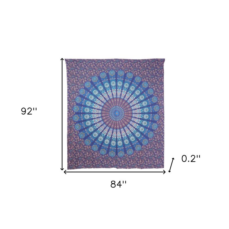 HomeRoots 92" X 84" Navy Blue Ivory And Brown Mandala Cotton Hanging Tapestry image number 2