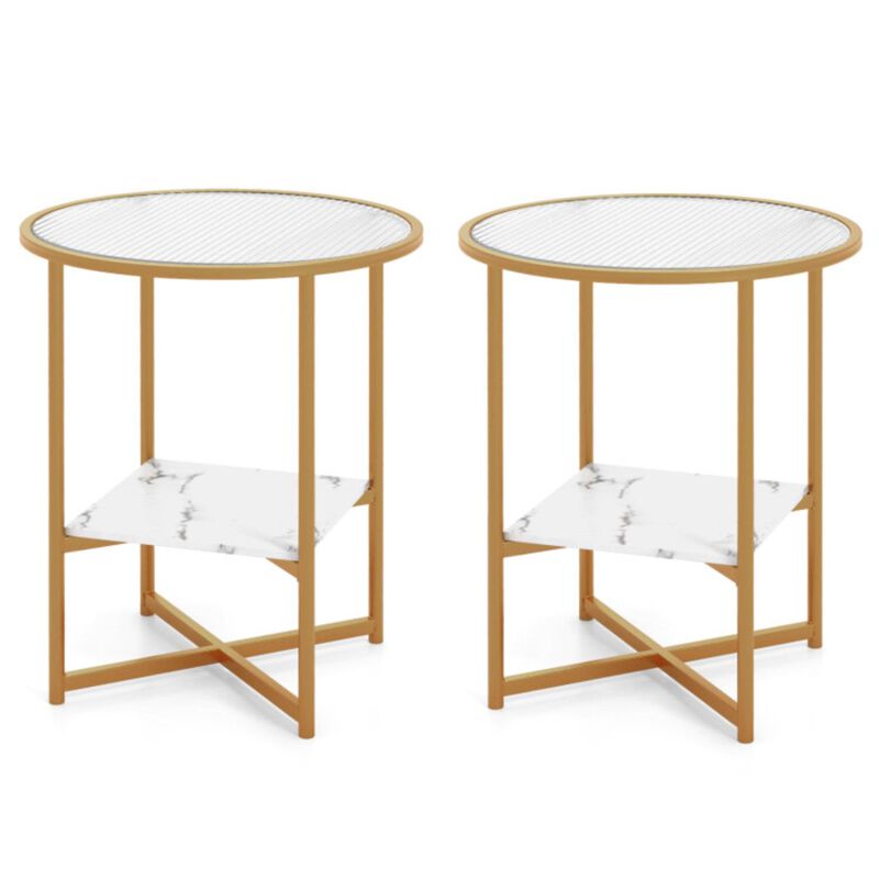 Hivvago 2-Tier Glass End Table Set of 2 with Faux Marble Storage Shelf