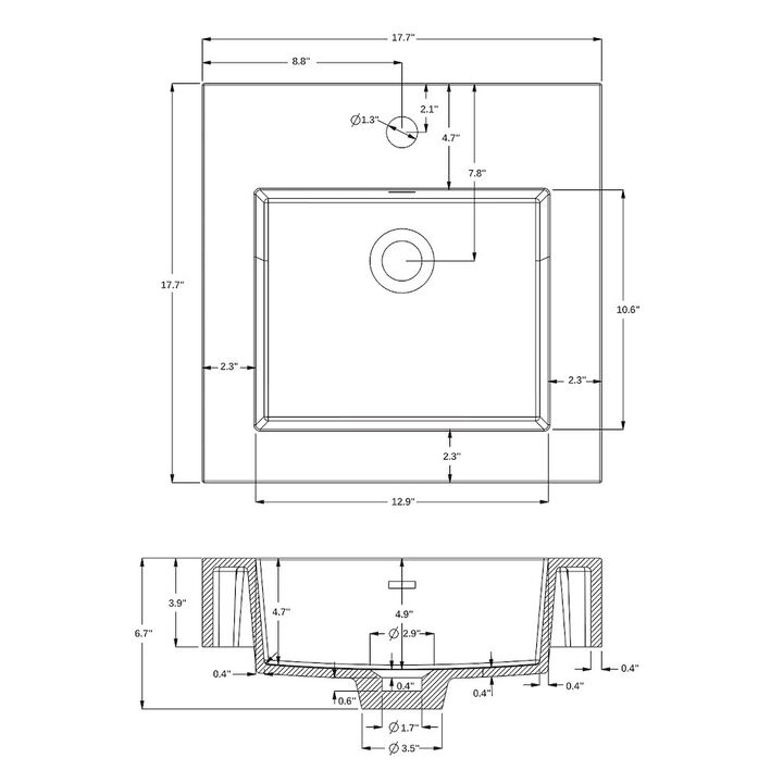 Vinnova Design Square Grey Finish Composite Granite Stone Console Bathroom Vanity Sink