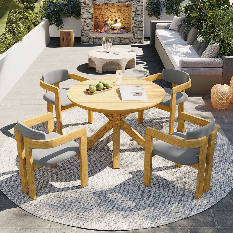 Merax 5-Piece Acacia Wood Patio Dining Set &ndash; Round Table + 4 Barrel Armchairs image number 2