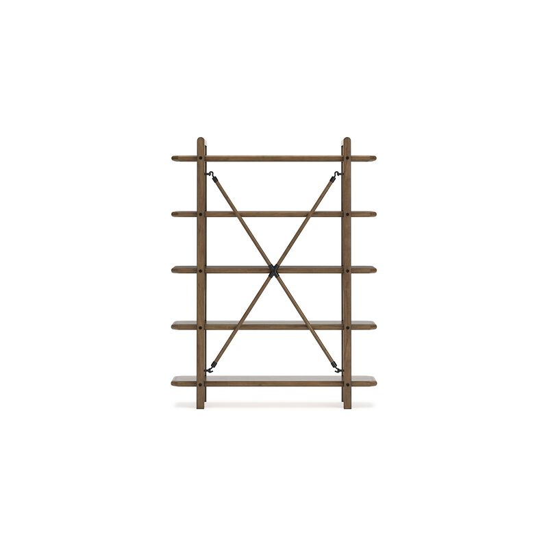 Rohan Bookcase w 5 Display Shelves, Brown Wood X Cross Back, 71 Inch - Benzara
