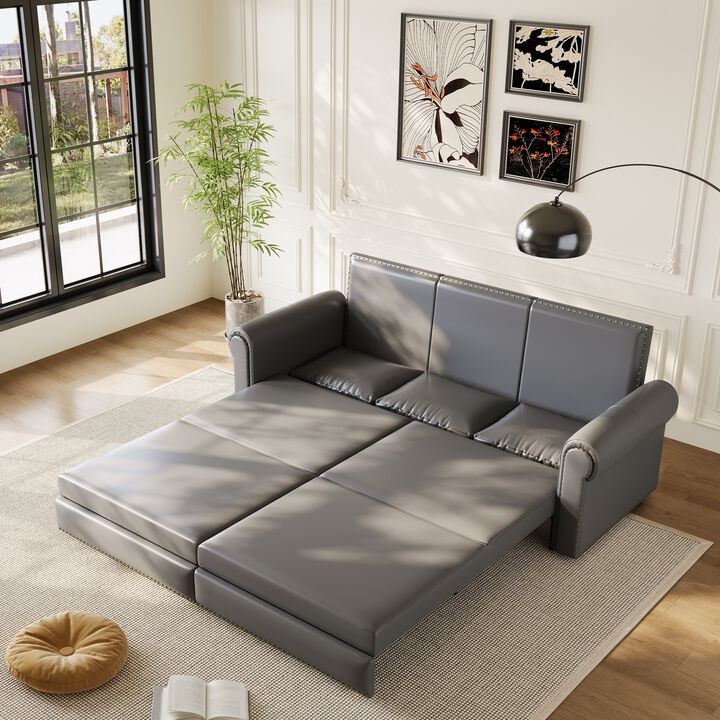 TATEUS 93.7" Chesterfield King Pull-Out Sofa Bed, Faux Leather 3-in-1 Convertible Sleeper