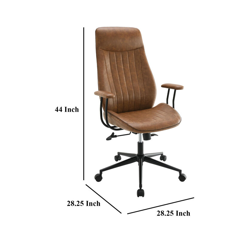 Anie Adjustable Desk Chair, Rolling Base, Brown Tufted Faux Leather - Benzara