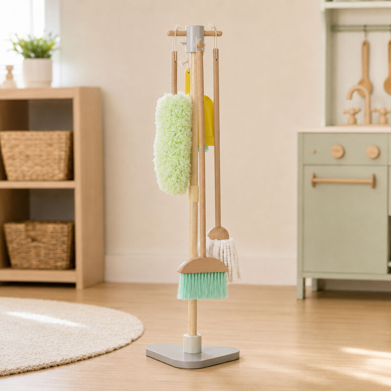 Teamson Kids 6-Piece Wooden Cleaning Set with Storage Stand, Little Helper Pretend Play Cleaning Set, Mop, Broom, Duster, Dust Pan and Brush with Hanging Loops image number 1