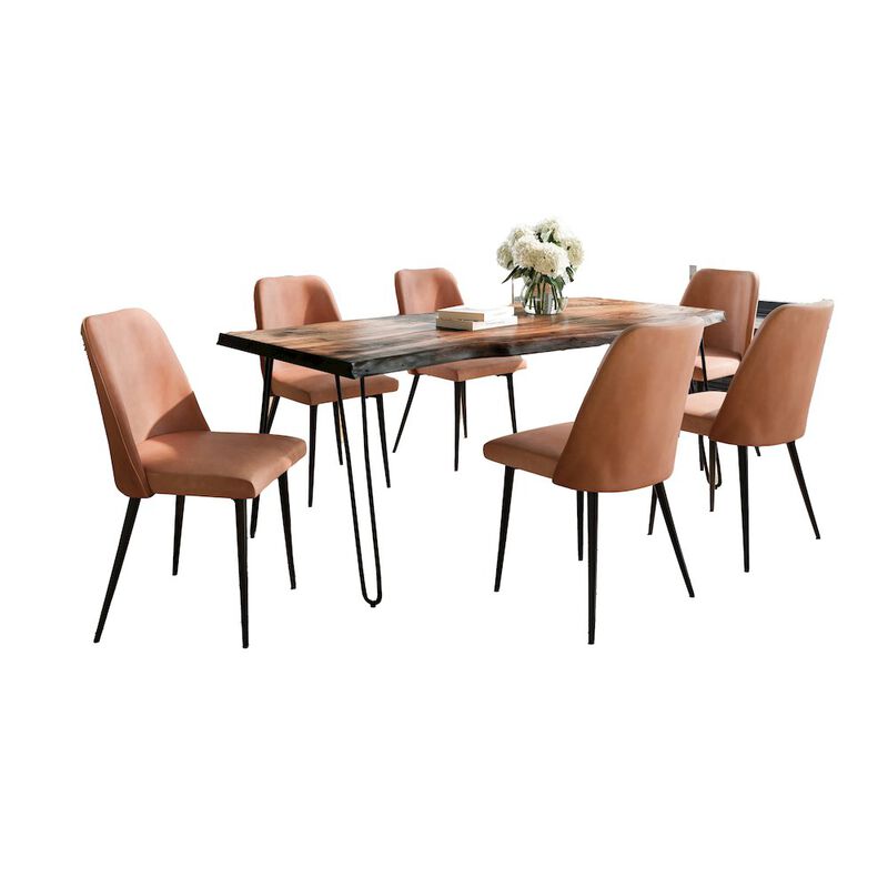 Jofran Seven Piece Solid Acacia Dining Set with Upholstered Mid-Century Modern Chairs