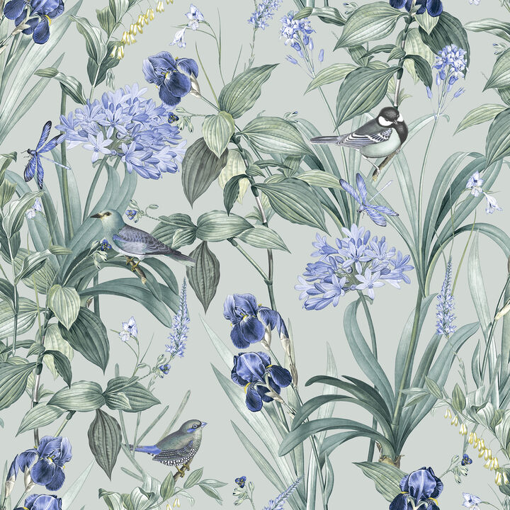 Mint Birds and Dragonflies Botanical Wallpaper