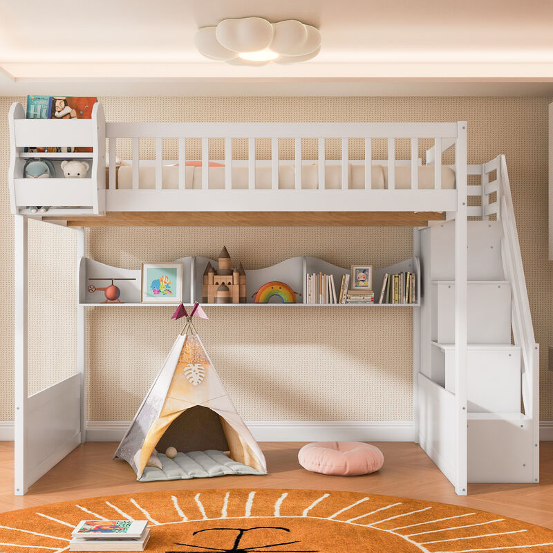 Merax Natural Wood Loft Bed with Storage Stair Wardrobe image number 3