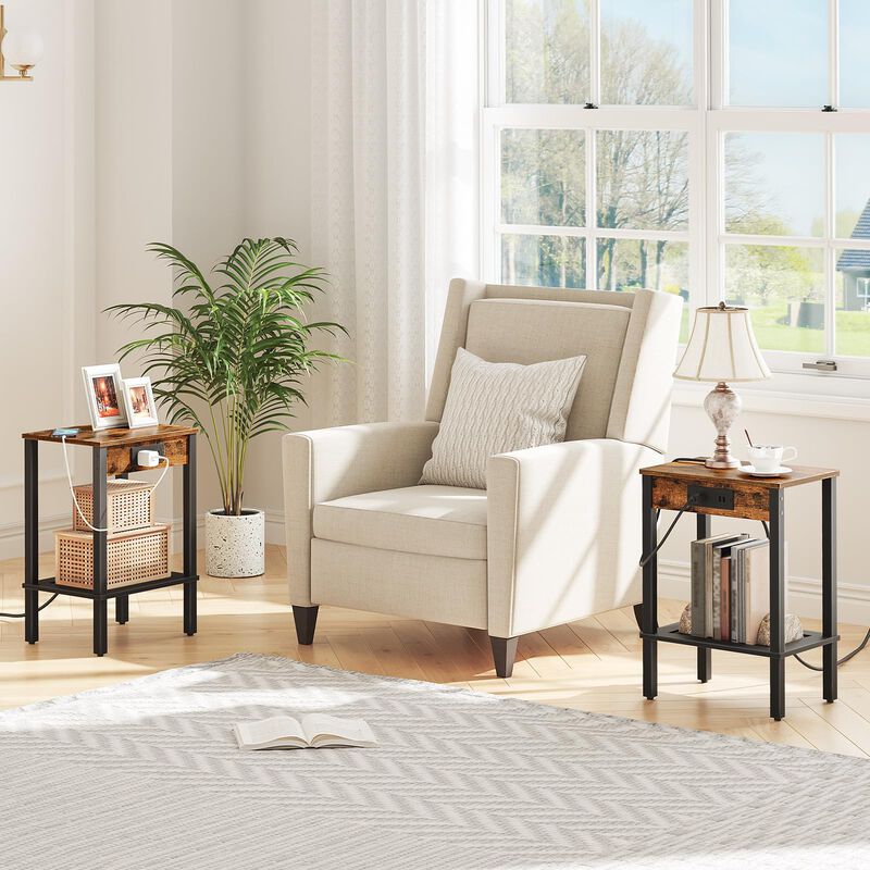 HOOBRO Side Table with Charging Station, Set of 2 End Tables with USB Ports and Outlet, Nightstand with 2-Tier Storage Shelf, fo