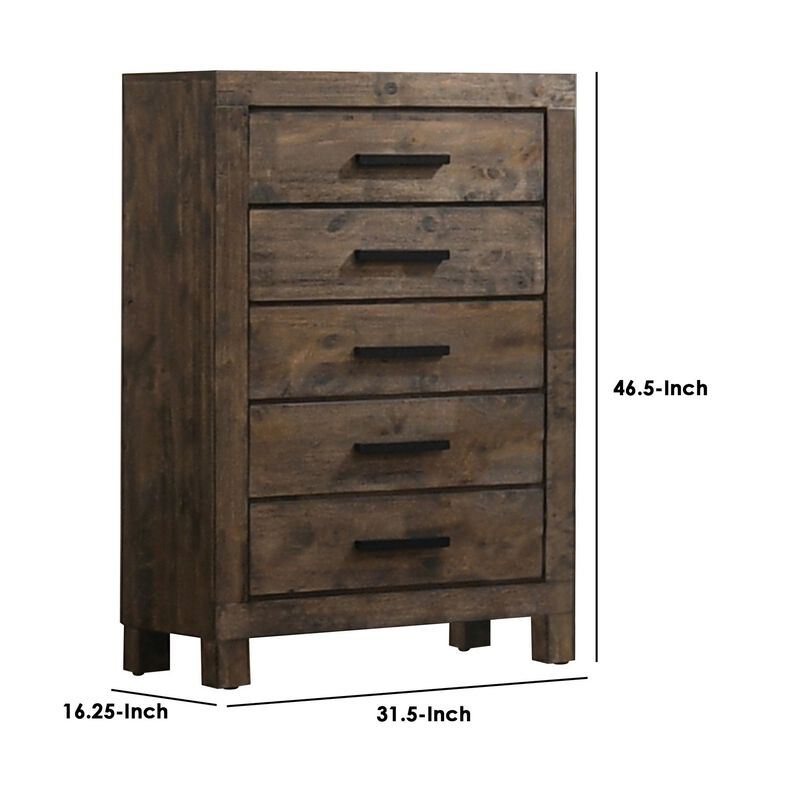 Wooden Chest with 5 Drawers and Grain Details, Brown-Benzara