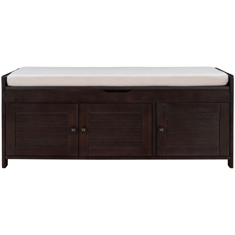 Whisen Storage Bench with 3-Shutter-shaped Doors and Removable Cushion - White